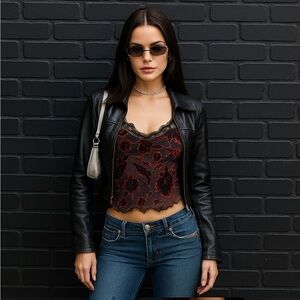 Xhileration Cami Sz Large Burgundy Floral Whimsy Goth Velvet Burnout RomanceTop